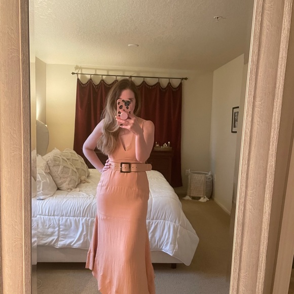 New Asymmetrical Peach Belted Sleeveless Dress - Picture 3 of 3